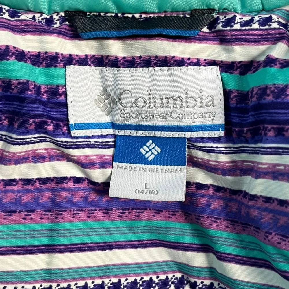Columbia Girls Purple Teal Striped Insulated Puffer Winter Jacket Hooded L 14/16